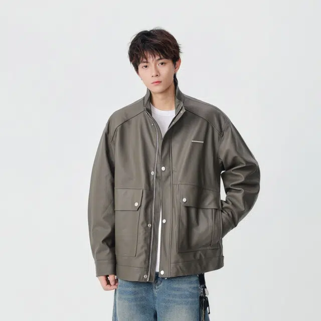 假日伯爵 轻奢高级潮牌经典复古双边大口袋设计秋季款立领痞帅机车服工装皮衣外套夹克 男女同款