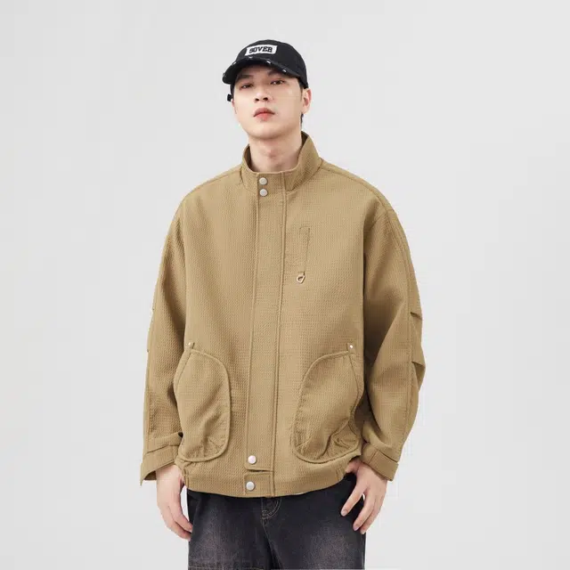 假日伯爵 美式小众复古纯色立领百搭宽松休闲痞帅结构款拉链设计感高街潮流长袖上衣美拉德外套夹克 男女同款