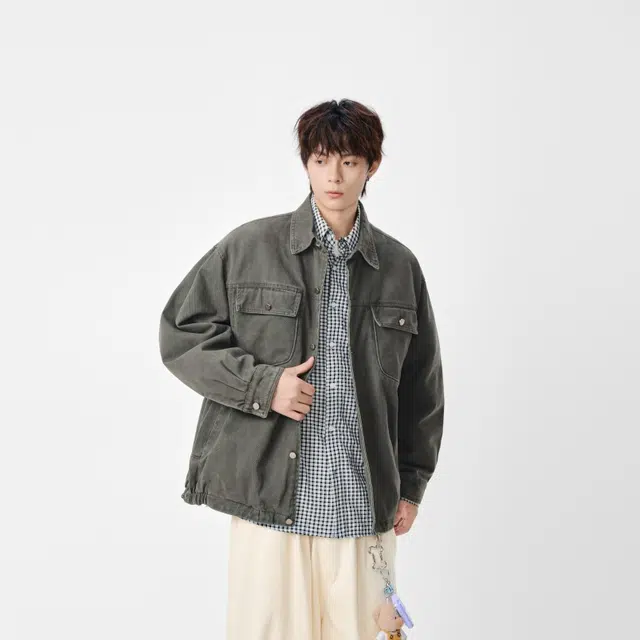 假日伯爵 美式复古水洗外套秋季款潮牌高街宽松工装高级小众设计感多口袋简约百搭休闲上衣夹克 男女同款