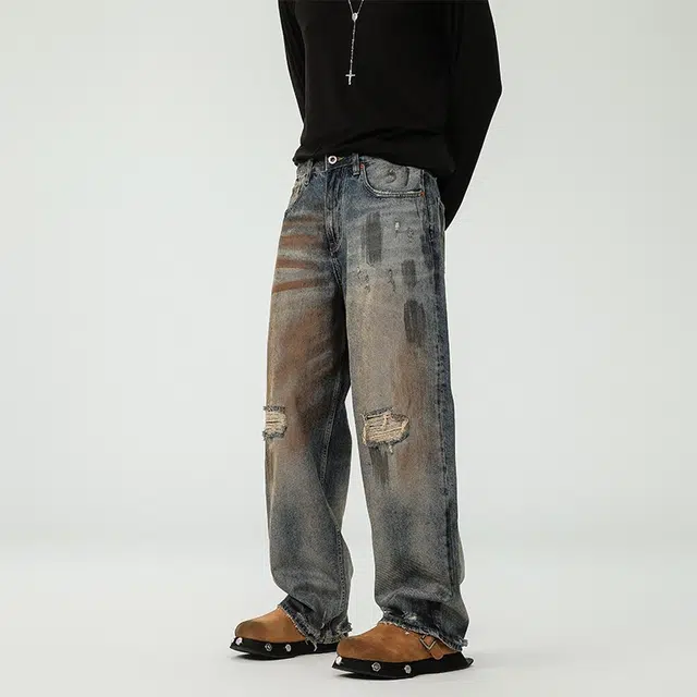 假日伯爵 美式高街设计感潮牌复古破洞水洗宽松直筒秋季基础款长裤休闲牛仔裤 男女同款