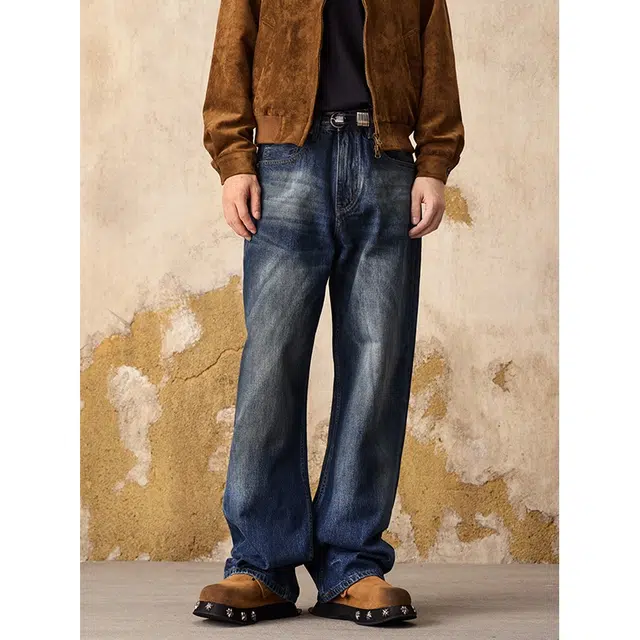 假日伯爵 美式高街设计感潮牌做旧复古渐变水洗宽松直筒百搭秋季基础款男士长裤休闲牛仔裤 男女同款
