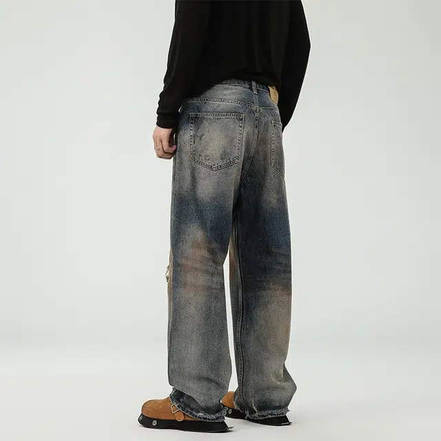 假日伯爵 美式高街设计感潮牌复古破洞水洗宽松直筒秋季基础款长裤休闲牛仔裤 男女同款