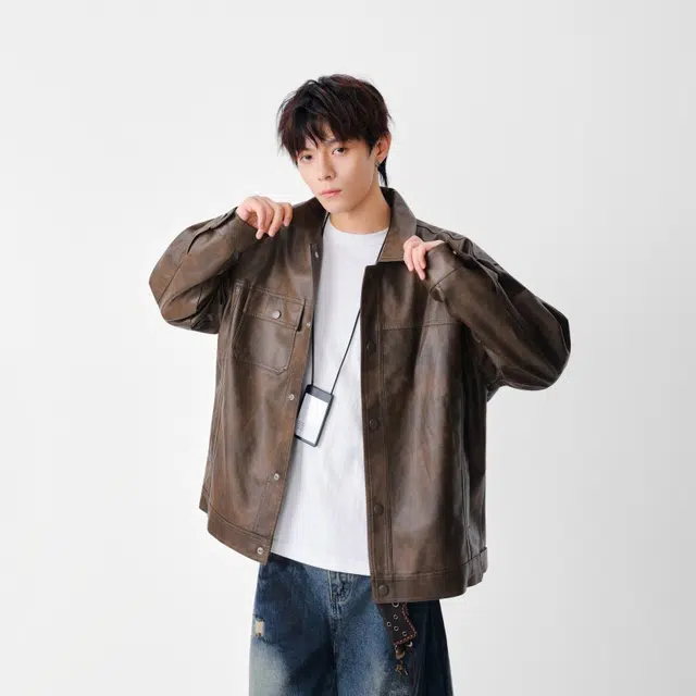 假日伯爵 轻奢高级感秋季款百搭翻领上衣外套美式复古潮流宽松休闲工装皮衣纯色男士夹克 男女同款