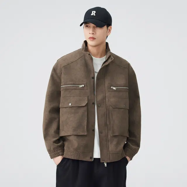 假日伯爵 轻奢高级感秋季款百搭翻领上衣外套美式复古潮流宽松休闲工装皮衣纯色男士飞行员夹克 男女同款