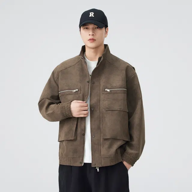 假日伯爵 轻奢高级感秋季款百搭翻领上衣外套美式复古潮流宽松休闲工装皮衣纯色男士飞行员夹克 男女同款