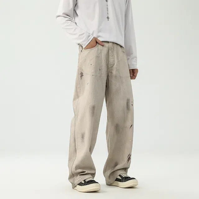 假日伯爵 美式高街设计感潮牌做脏做旧复古水洗宽松直筒秋季基础款男士长裤休闲牛仔裤 男女同款