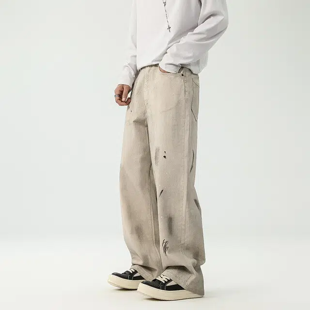 假日伯爵 美式高街设计感潮牌做脏做旧复古水洗宽松直筒秋季基础款男士长裤休闲牛仔裤 男女同款