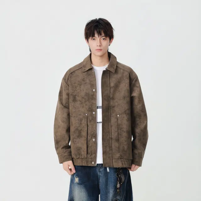 假日伯爵 轻奢潮流高级感秋季款百搭翻领上衣外套美式复古宽松休闲工装纯色男士飞行员夹克 男女同款