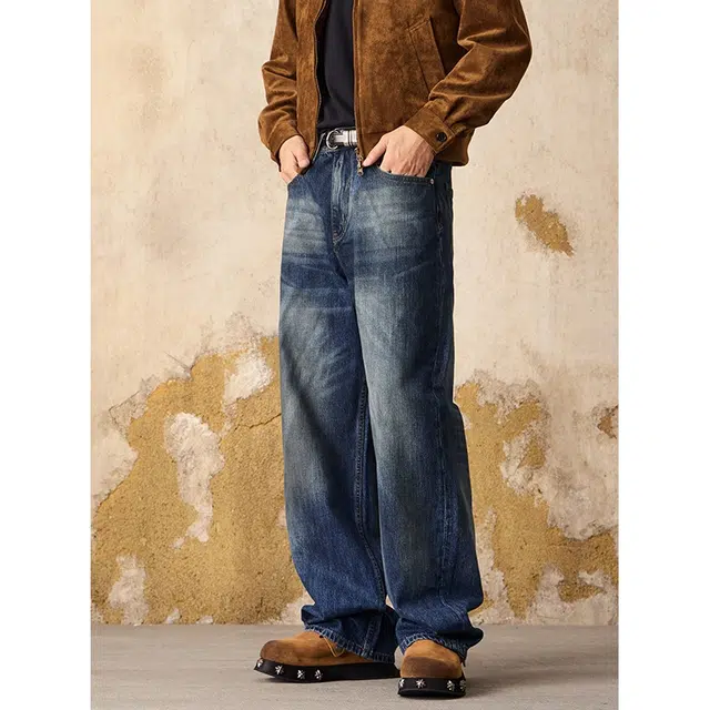 假日伯爵 美式高街设计感潮牌做旧复古渐变水洗宽松直筒百搭秋季基础款男士长裤休闲牛仔裤 男女同款