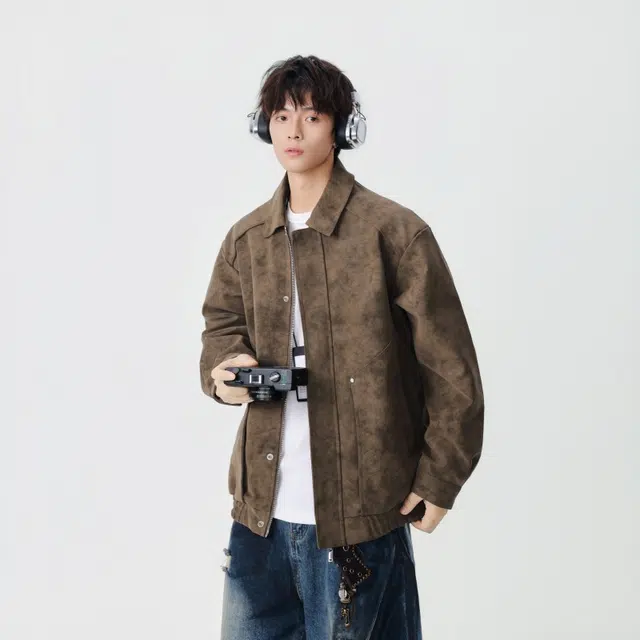 假日伯爵 轻奢潮流高级感秋季款百搭翻领上衣外套美式复古宽松休闲工装纯色男士飞行员夹克 男女同款