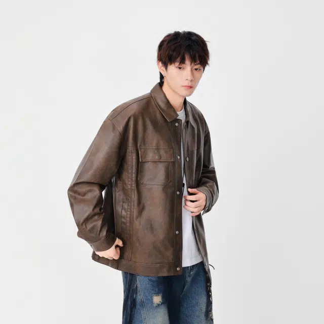 假日伯爵 轻奢高级感秋季款百搭翻领上衣外套美式复古潮流宽松休闲工装皮衣纯色男士夹克 男女同款