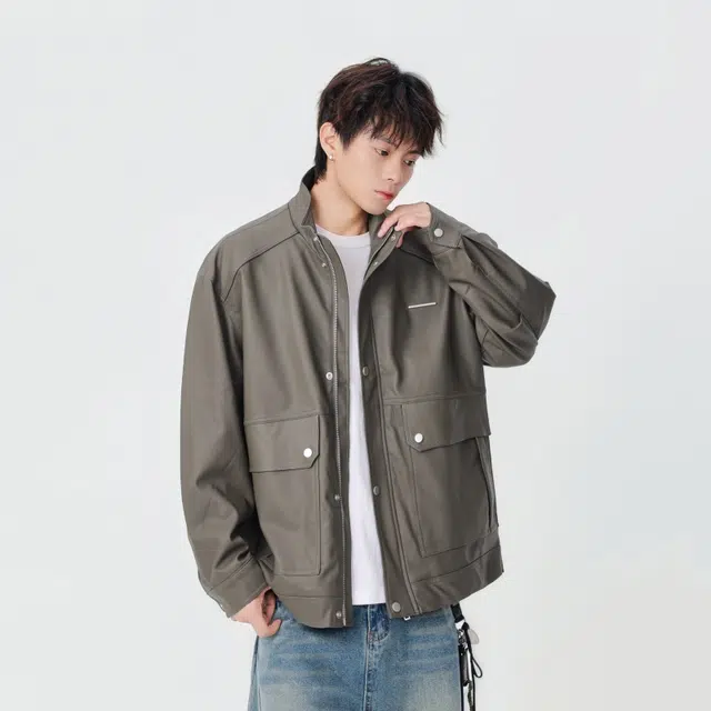 假日伯爵 轻奢高级潮牌经典复古双边大口袋设计秋季款立领痞帅机车服工装皮衣外套夹克 男女同款