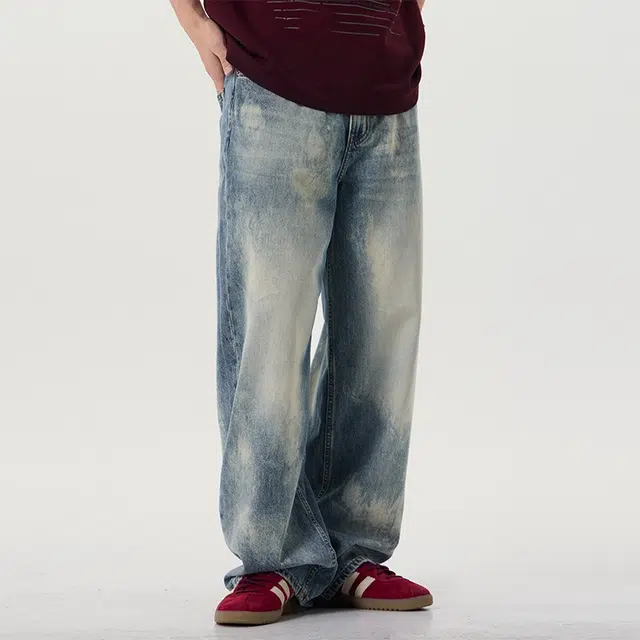 假日伯爵 美式复古潮牌水洗做旧扎花不规则泼墨晕染感立体拆件工装垂感宽松舒适休闲街头牛仔裤 男女同款