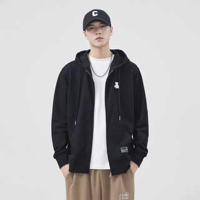 假日伯爵 学院风基础款小熊印花卡通图案简约连帽百搭舒适透气休闲宽松开衫长袖卫衣 男款