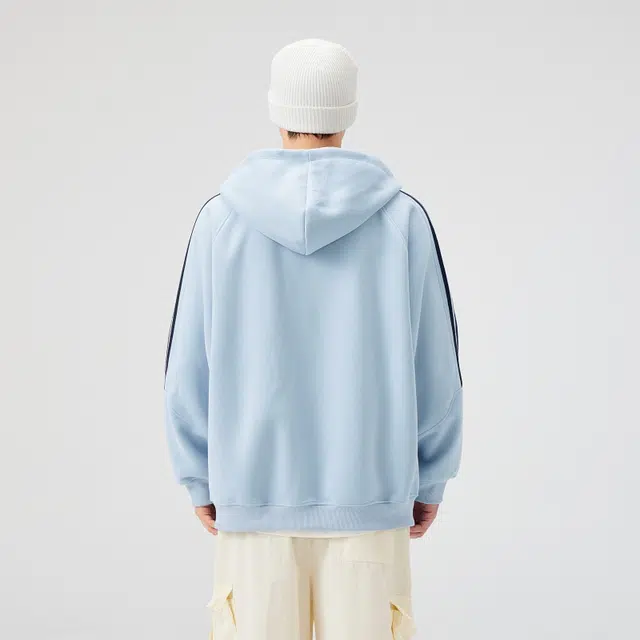 假日伯爵 美式复古高街时尚潮流休闲百搭棉弹舒适柔软亲肤纯色拼接条纹连帽开衫长袖卫衣外套夹克 男女同款