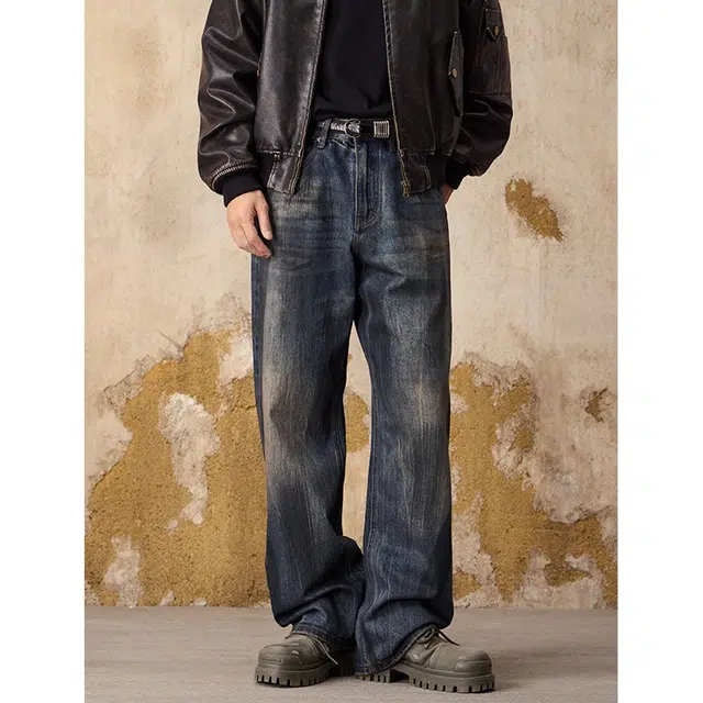 假日伯爵 美式高街设计感潮牌做旧做脏复古水洗宽松直筒百搭秋季基础款男士长裤休闲牛仔裤 男女同款
