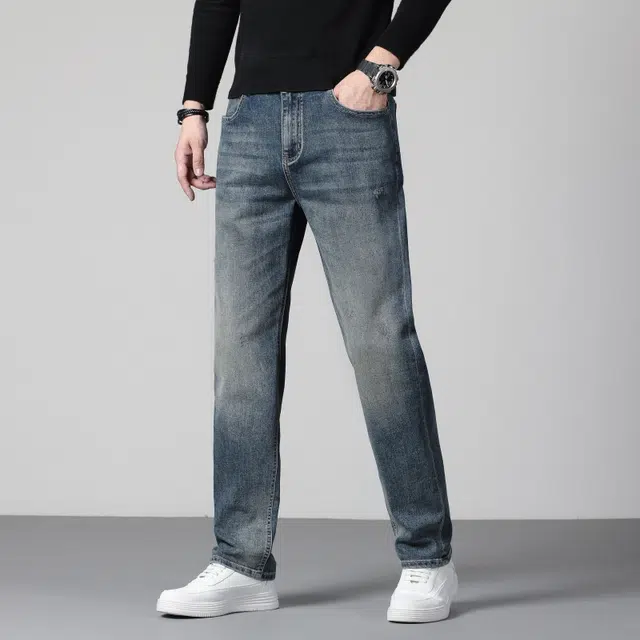 假日伯爵 美式高街复古做旧重水洗修身直筒显高显瘦长裤男士潮牌日常通勤休闲时尚简约百搭棉弹舒适柔软亲肤牛仔裤 男款