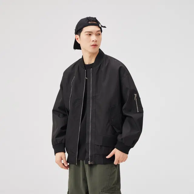 假日伯爵 美式街头嘻哈痞帅多拉链基础款棒球领飞行服宽松休闲学院风外套上衣夹克 男女同款