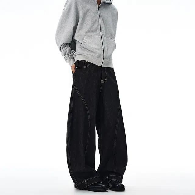 假日伯爵 美式倒装弯刀设计感水洗纯色简约日常百搭痞帅小众宽松牛仔裤 男女同款