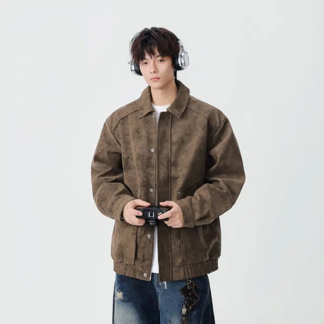 假日伯爵 轻奢潮流高级感秋季款百搭翻领上衣外套美式复古宽松休闲工装纯色男士飞行员夹克 男女同款