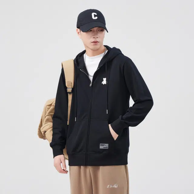 假日伯爵 学院风基础款小熊印花卡通图案简约连帽百搭舒适透气休闲宽松开衫长袖卫衣 男款