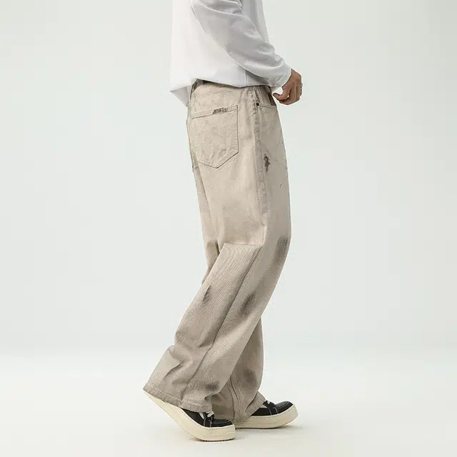 假日伯爵 美式高街设计感潮牌做脏做旧复古水洗宽松直筒秋季基础款男士长裤休闲牛仔裤 男女同款