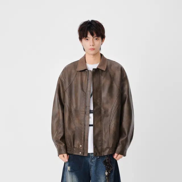 假日伯爵 美拉德穿搭美式做旧水洗复古翻领上衣外套皮衣高级感宽松休闲痞帅百搭日常通勤夹克 男女同款