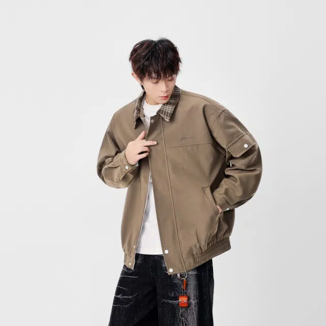 假日伯爵 美式复古重磅男士户外痞帅机能风多口袋设计感单排扣拼接防水工装格子条纹翻领潮流宽松休闲外套夹克 男女同款