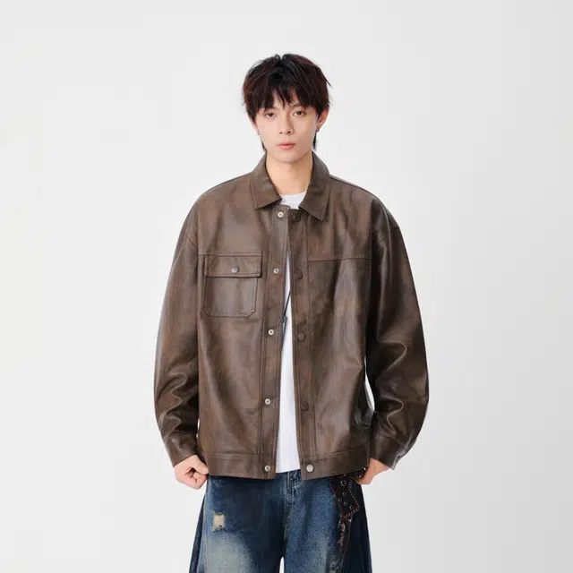 假日伯爵 轻奢高级感秋季款百搭翻领上衣外套美式复古潮流宽松休闲工装皮衣纯色男士夹克 男女同款