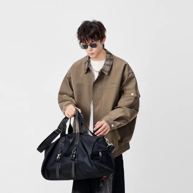 假日伯爵 美式复古重磅男士户外痞帅机能风多口袋设计感单排扣拼接防水工装格子条纹翻领潮流宽松休闲外套夹克 男女同款