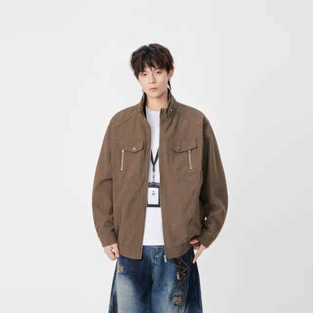 假日伯爵 美式复古高街痞帅机能风工装外套男潮牌高级感多口袋立领小众袖口褶皱设计感潮流宽松休闲夹克 男女同款