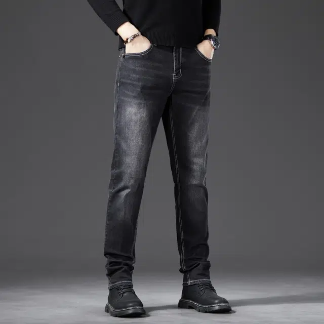 假日伯爵 韩版修身复古水洗个性时尚简约休闲百搭舒适显高显瘦微锥纽扣拉链设计棉弹亲肤柔软高街痞帅男士长裤牛仔裤 男款