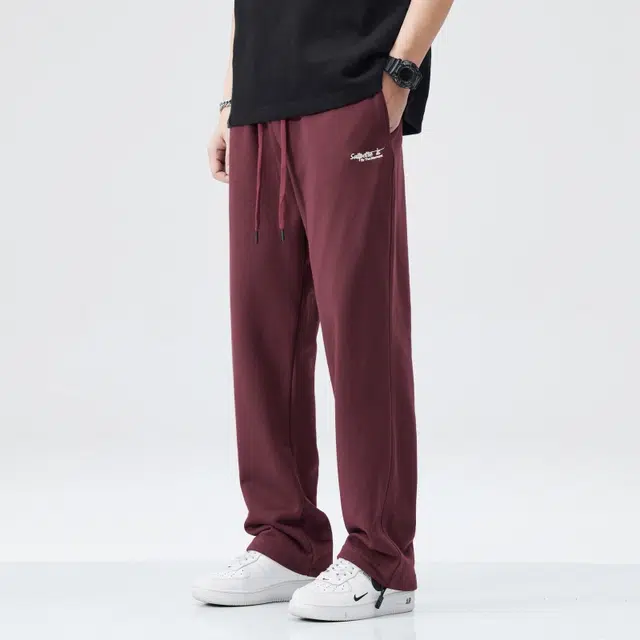 假日伯爵 美式潮流纯色百搭卫裤简约字母伐木裤松紧腰系带款式日常通勤宽松直筒垂感拖地裤运动男士长裤休闲裤 男款