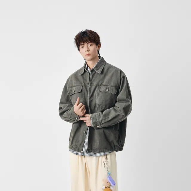 假日伯爵 美式复古水洗外套秋季款潮牌高街宽松工装高级小众设计感多口袋简约百搭休闲上衣夹克 男女同款