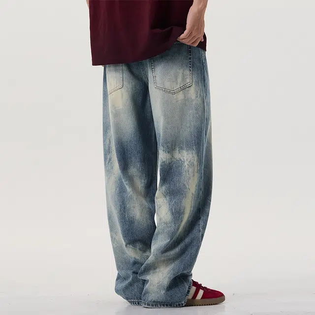 假日伯爵 美式复古潮牌水洗做旧扎花不规则泼墨晕染感立体拆件工装垂感宽松舒适休闲街头牛仔裤 男女同款