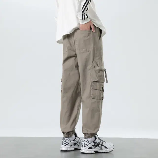 假日伯爵 美式复古纯色时尚百搭宽松棉弹舒适亲肤柔软多口袋工装透气潮流简约松紧腰束脚系带设计男士长裤休闲裤 男款
