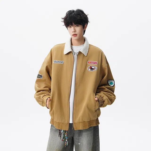 假日伯爵 秋冬季长袖男装痞帅气质贴纸印花小众设计学生流行简约慵懒文艺宽松休闲外套夹克 男女同款
