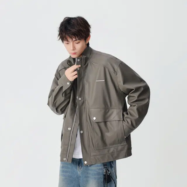 假日伯爵 轻奢高级潮牌经典复古双边大口袋设计秋季款立领痞帅机车服工装皮衣外套夹克 男女同款