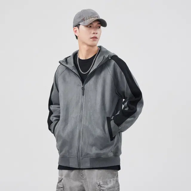 假日伯爵 嘻哈街头高街拼接设计拉链外套磨毛舒适宽松百搭插肩袖连帽开衫基础款弹力卫衣 男款