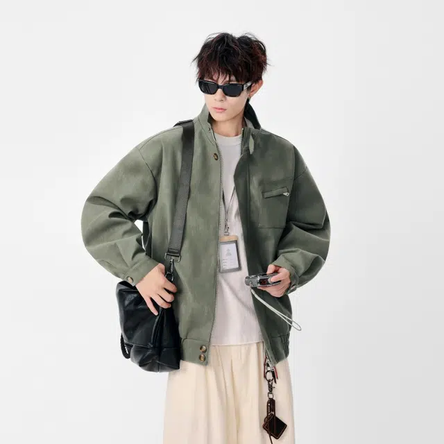 假日伯爵 轻奢高级潮牌经典复古边口袋设计秋季款立领痞帅机车服工装皮衣外套夹克 男女同款