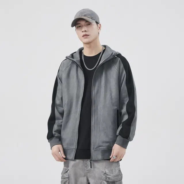 假日伯爵 嘻哈街头高街拼接设计拉链外套磨毛舒适宽松百搭插肩袖连帽开衫基础款弹力卫衣 男款