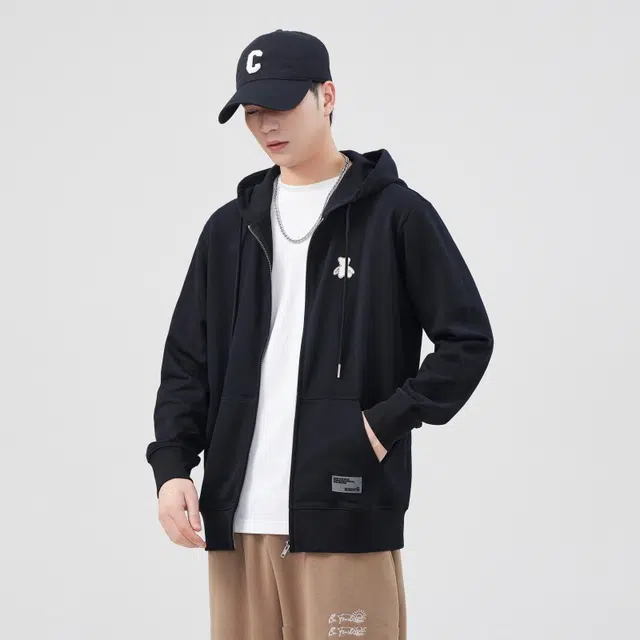 假日伯爵 学院风基础款小熊印花卡通图案简约连帽百搭舒适透气休闲宽松开衫长袖卫衣 男款