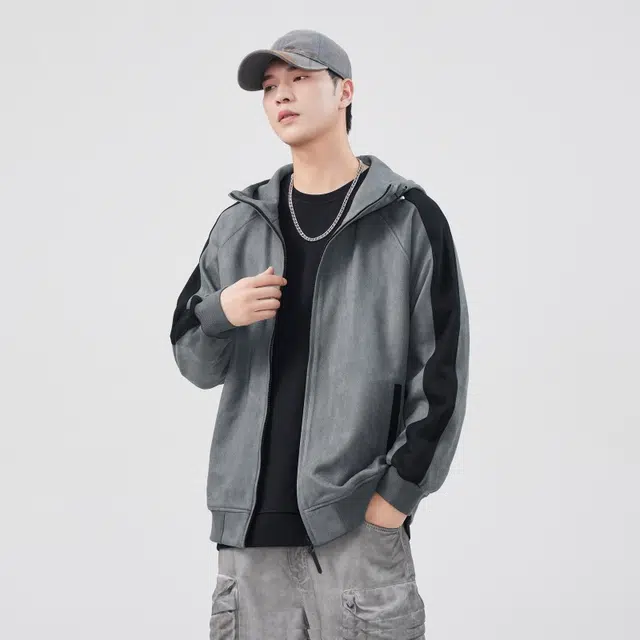假日伯爵 嘻哈街头高街拼接设计拉链外套磨毛舒适宽松百搭插肩袖连帽开衫基础款弹力卫衣 男款