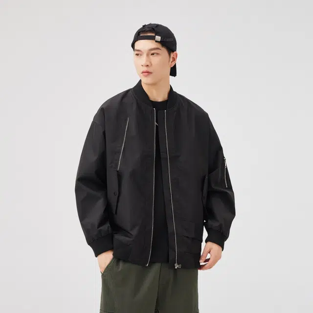 假日伯爵 美式街头嘻哈痞帅多拉链基础款棒球领飞行服宽松休闲学院风外套上衣夹克 男女同款