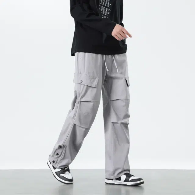 假日伯爵 美式复古纯色时尚百搭基础款宽松直筒棉弹舒适亲肤柔软多口袋工装透气潮流简约系带褶皱设计男士长裤休闲裤 男款