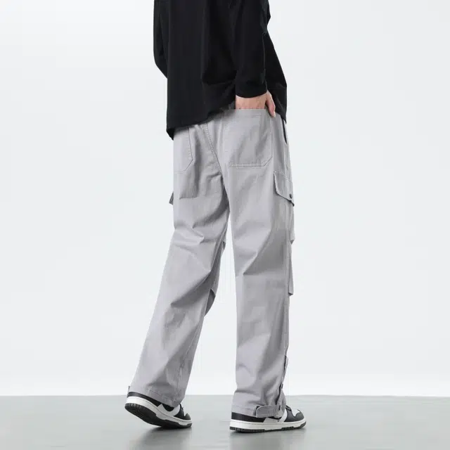 假日伯爵 美式复古纯色时尚百搭基础款宽松直筒棉弹舒适亲肤柔软多口袋工装透气潮流简约系带褶皱设计男士长裤休闲裤 男款
