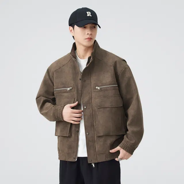 假日伯爵 轻奢高级感秋季款百搭翻领上衣外套美式复古潮流宽松休闲工装皮衣纯色男士飞行员夹克 男女同款