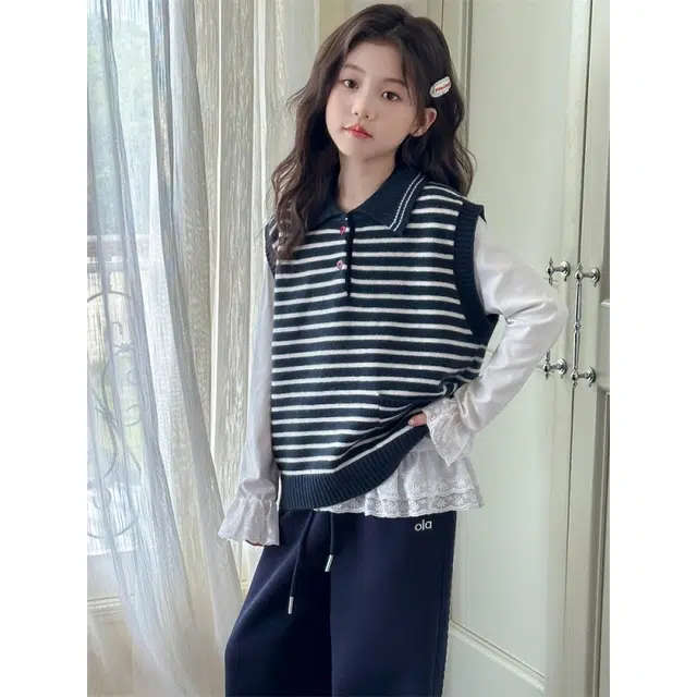 俞兆林休闲运动套装 女童春秋款女大童秋季洋气百搭条纹毛衣马甲两件套潮韩系舒适亲肤时尚翻领中针织无裤子 儿童款