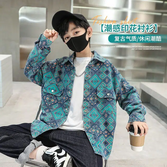 俞兆林休闲衬衫 男童春秋中大童秋牛仔儿秋装外套款季男孩炸街洋气潮时尚复古舒适潮流百搭个性