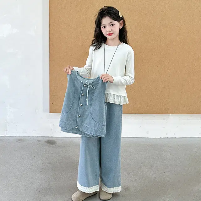 俞兆林休闲运动套装 女童秋装洋气儿童牛仔马甲阔腿裤中大童春秋款三件套